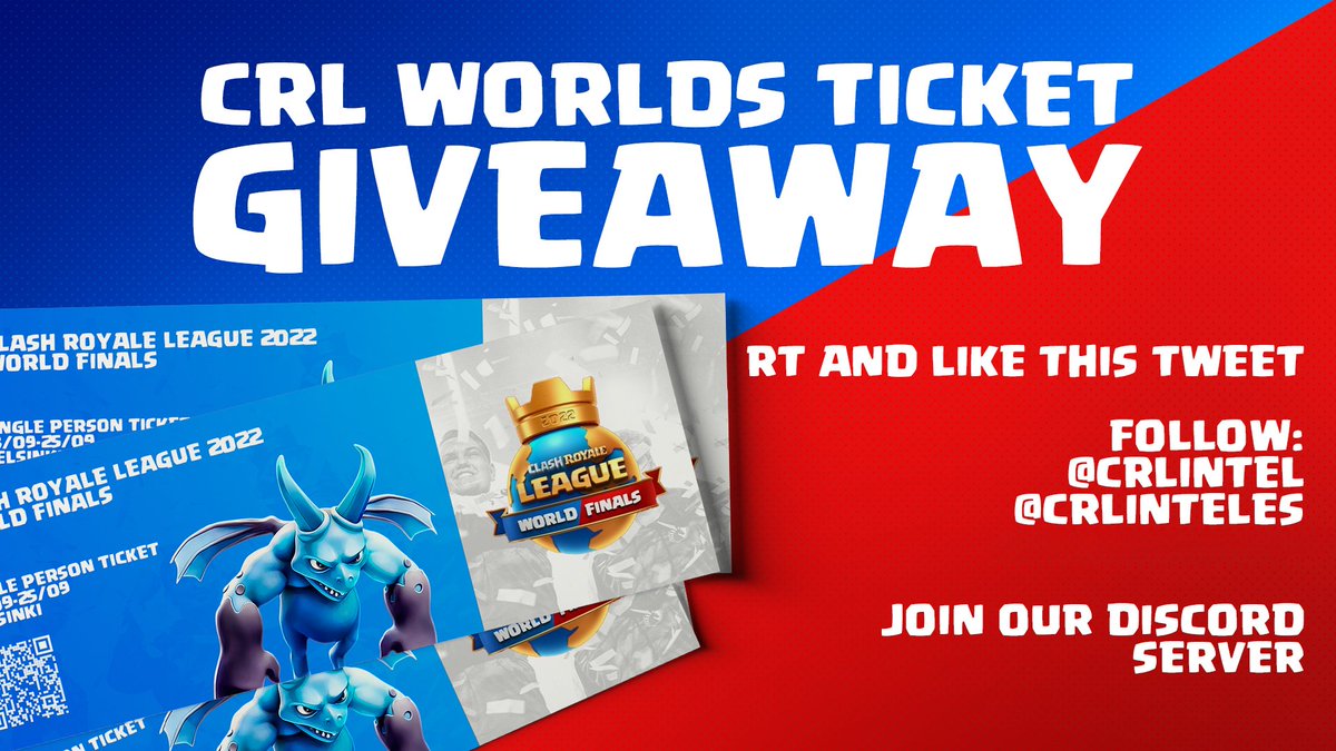 We're happy to partner up with <a href="/EsportsRoyaleEN/">Clash Royale Esports</a> and give-away 3x tickets(€150) to the Clash Royale League 2022 World Finals. 🔥

Enter by ⤵️

Follow: <a href="/CRLIntel/">CRL Intel</a>, <a href="/CRLIntelES/">CRL Intel 🇪🇸</a>
Like ❤ + Retweet 🔄 this tweet!
Join: bit.ly/CRLIntel