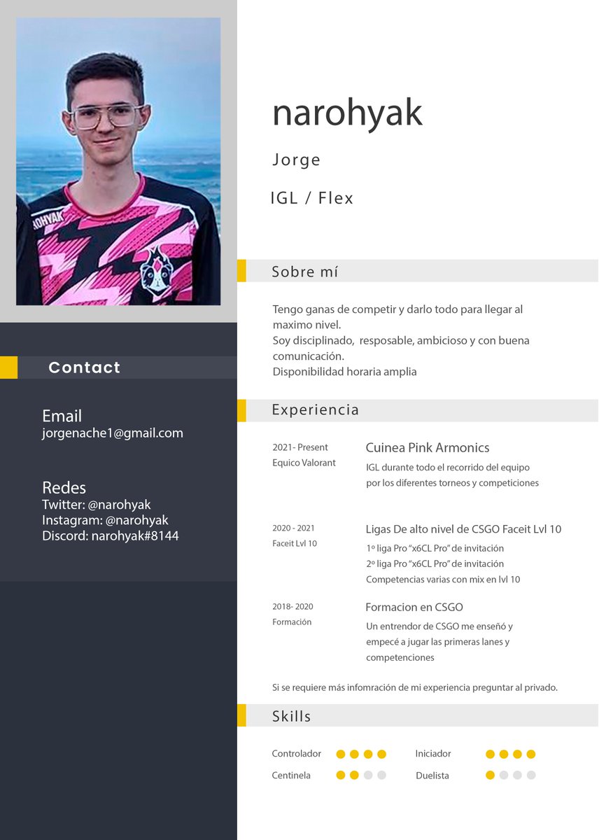 -F/A en busca de nuevo equipo tanto individual como bloque junto a los jugadores de <a href="/armonixesports/">Armonix</a> 
-Experiencia competitiva en LAN - Online en valorant y CS:GO 
-Con ganas de dar el maximo
-Adjunto enlaces de tracker.gg y faceit lvl 10 en el hilo
rt se agradece <3