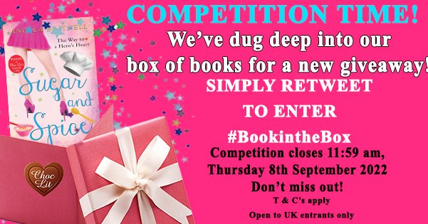 A sprinkle of sugar, spice - &amp; luck! - for everyone entering today's Book in the Box #competition🍰Sugar and Spice by <a href="/AngelaBritnell/">Angela Britnell</a>  is our chosen #prize. RT with the #BookintheBox hashtag for a chance to #win. T&amp;Cs apply. Open to UK entrants only. Closes 11:59 am, 08/09/2022.