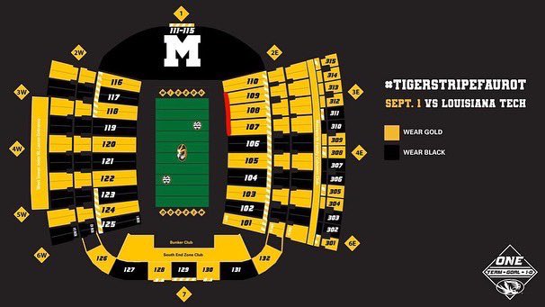 _thezou's tweet photo. GOOD MORNING MISSOURI TIGERS!!! IT’S GAMEDAY!!!
•Student tailgate starts @ 3:00 (Bluford & Brooks lawn)
•Gates open @ 5:30
•Paint up @ 6:00 (front row of sections 107-109)
•Kickoff @ 7:00
Looking forward to seeing you in gold as we #StripeTheState
#TheZou #MIZ #Zou22 https://t.co/9zXGeaDAsg