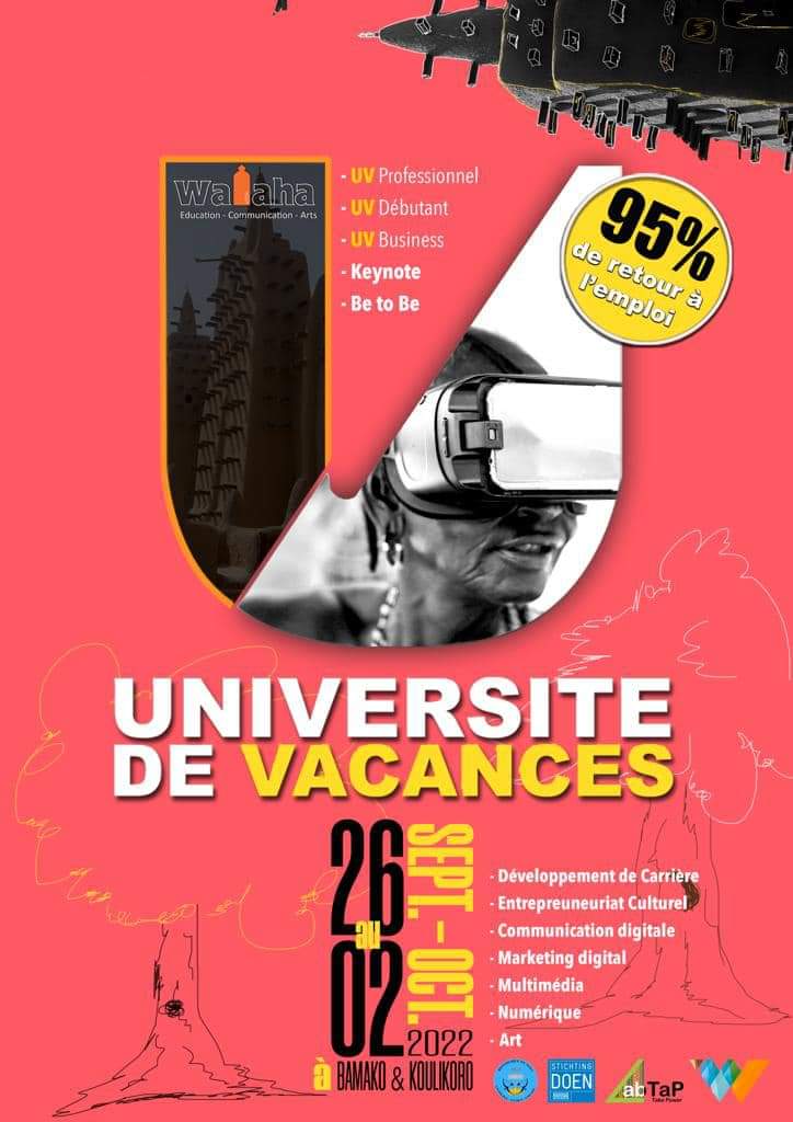 Diouara25's tweet photo. INSCRIPTION #UV2022 

DATE DE #UV2022: du 26 septembre au 2 octobre à Bamako et Koulikoro

DÉLAIS D’INSCRIPTION : du 28 août au 16 septembre 2022

L’Université de Vacances du Groupe Walaha est un programme innovant qui propose une formation professionnalisante https://t.co/S394aC54Yb