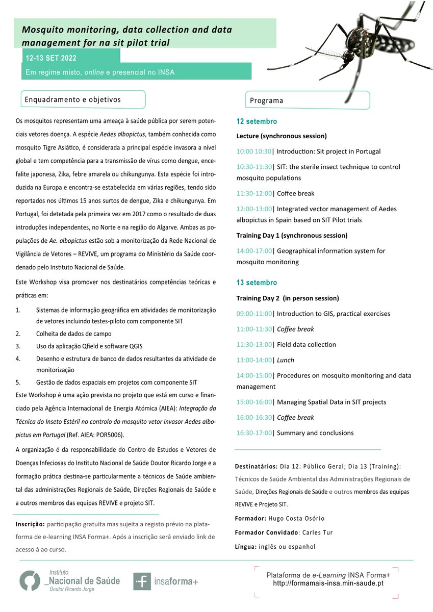 irj_pt's tweet photo. Workshop “Mosquito monitoring, data collection and data management for a SIT pilot trial” | 🗓️12-13 setembro. Ação visa promover competências no registo e gestão de dados em sistemas de informação geográfica.
Saiba mais ➡️ https://t.co/5aW7m86gv4
#Vetores #REVIVE #INSA #SNS https://t.co/F92XcfMnfj