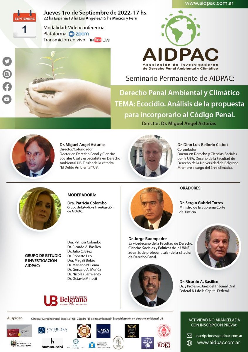 magistradostuc's tweet photo. Invitamos a participar del seminario "Derecho Penal Ambiental y Climático: Ecocidio" de #AIDPAC
📅1 de septiembre
Hora: 🇦🇷17h, 🇲🇽🇵🇪15h, 🇪🇸22h

Registrate en: inscripciones@aidpac.com.ar https://t.co/3l82TmPMcT