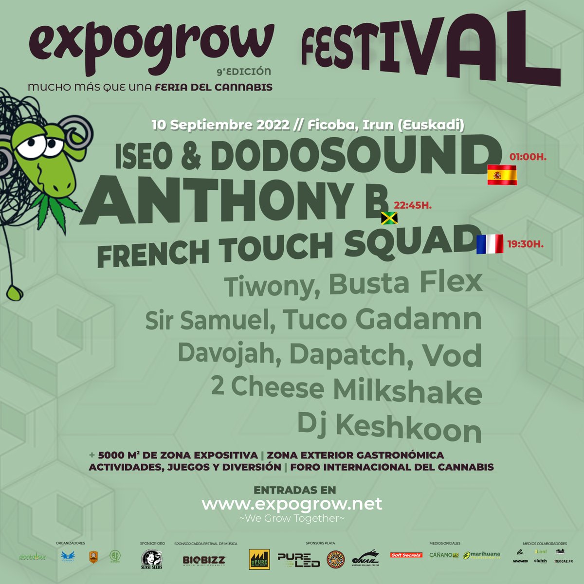 Nous avons déjà le programme du festival qui aura lieu le 10 septembre avec <a href="/iseododosound/">Iseo & Dodosound</a> #FrenchTouchSquad et #AnthonyB. 
French Touch Squad : 19h30.
Anthony B : 22:45h.
Iseo y Dodosound : 01h00.
Achetez votre billet ici -> buff.ly/3OQSp3f
#festival #expogrow
