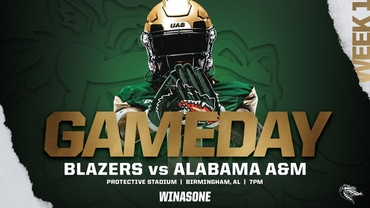 𝐓𝐇𝐄 𝐃𝐀𝐘 𝐖𝐄'𝐕𝐄 𝐁𝐄𝐄𝐍 𝐖𝐀𝐈𝐓𝐈𝐍𝐆 𝐅𝐎𝐑 Happy Gameday, Blazer Nation! 🆚: Alabama A&M 📍: @ProtectiveStdm 🗓: Sept. 1 🕗: 7 p.m. 📺: @CBSSportsNet 📻: @WJOX945 🎟: bit.ly/SingleGameTix22 #WinAsOne