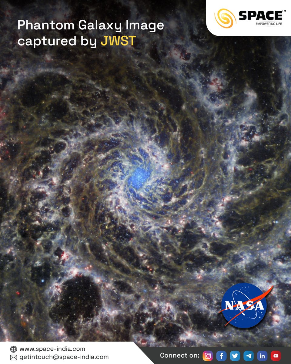 Spacian's tweet photo. Wow!! James Webb Space Telescope @nasahqphoto  has captured another mind-blowing image!

#PhantomGalaxy #M74 #Webb #MIRI #Hubble #ACS #JWST #Spaceindia #galaxy #imageoftheday #nasa #space #telescope https://t.co/PBbIAaJOKV