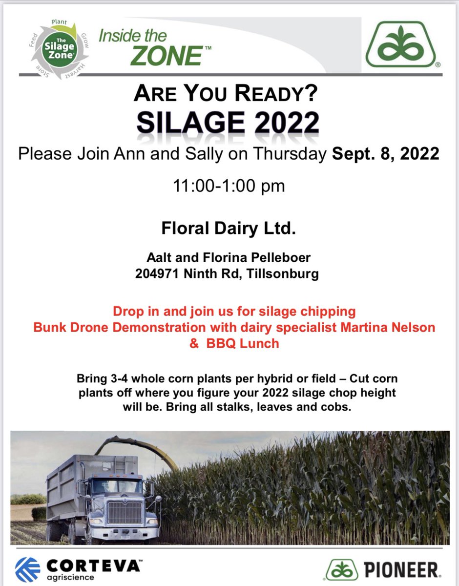 Corn silage chipping day is set for next Thursday Sept 8 at Floral Dairy. Bring your corn 🌽 and come for lunch! <a href="/FloralDairy/">Aalt Pelleboer</a> <a href="/PioneerSeedsCA/">Pioneer Seeds Canada</a>
