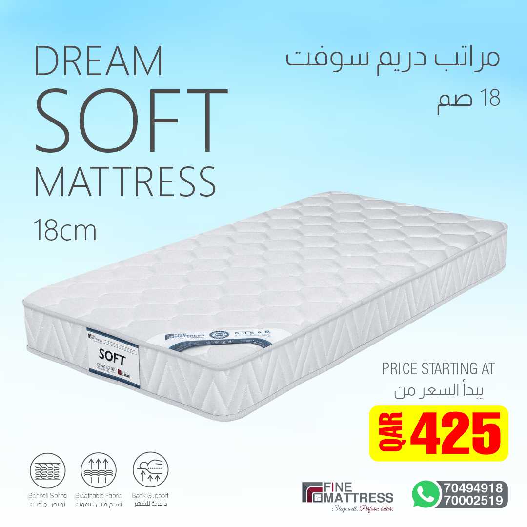 ستمنحك مجموعة الdream أفضل خيار للنوم جيدًا بأسعار معقولة!
Whatsapp - 70002519/70494918
#FineMattress #DreamCollection #SleepWell #PerformBetter #MadeInQatar #QatariProduct