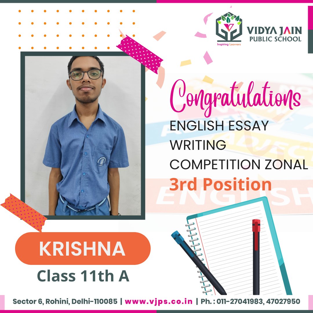 vidyajainschool's tweet photo. Heartiest #Congratulations to Krishna of Class XIth A for securing the third position in English Essay Writing in Zonal Competitions ๐๐
We are simply overjoyed by your well-deserved success ๐๐ป๐๐ป
#VJPS #inspirestudents #zonalcompetion https://t.co/noADKNBnLq