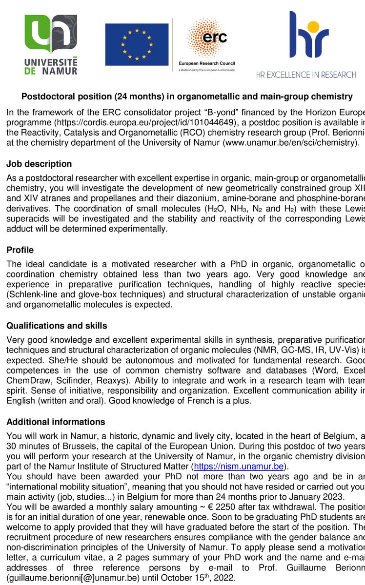 G. Berionni Group (@dr_berionni) on Twitter photo Postdoctoral position available in the lab (<a href="/UNamur/">UNamur</a>, Belgium) to reprogram the reactivity of main-group catalysts. Come work with us on <a href="/ERC_Research/">European Research Council (ERC)</a> funded project "B-YOND": cordis.europa.eu/project/id/101… and jobs.unamur.be/emploi.2022-09…
🗓️Start date January 2023🗓️
🙏 RT much appreciated⬇️ Postdoctoral position available in the lab (<a href="/UNamur/">UNamur</a>, Belgium) to reprogram the reactivity of main-group catalysts. Come work with us on <a href="/ERC_Research/">European Research Council (ERC)</a> funded project "B-YOND": cordis.europa.eu/project/id/101… and jobs.unamur.be/emploi.2022-09…
🗓️Start date January 2023🗓️
🙏 RT much appreciated⬇️