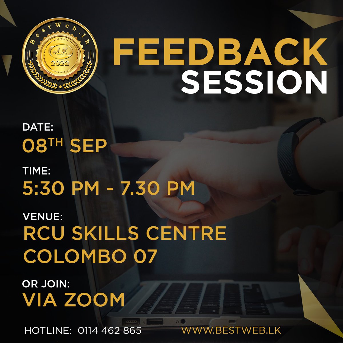 LK_Domain's tweet image. Join the session onsite or online. 
Date: 8th September
Time: From 5:30 PM to 7:30 PM
Venue: RCU Skills Centre, Rajakeeya Mawatha, Colombo 07
Fill out the below form to confirm your participation.
👉 forms.gle/Urfm8i9NPeUtUq…
#BestWebLK #BestWeb2022 #LKDomainRegistry #lka