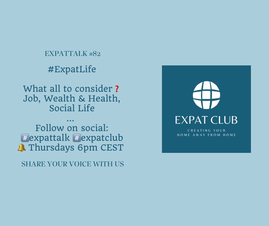 v_konsult's tweet photo. I'm discussing “🌐 EXPAT TALK #82 - 🏡 #ExpatLife Away From Home 🏡” with @TheEPcoach, Susanne Hartmann and EXPAT CLUB.
What all to consider❓
#Job #Wealth & #Health #SocialLife
Today, 1. Sep at 6:00 PM CEST in @clubhouse. Join us! https://t.co/xBlGdXDjNA #expattalk #expatclub https://t.co/eAEphQLxTQ