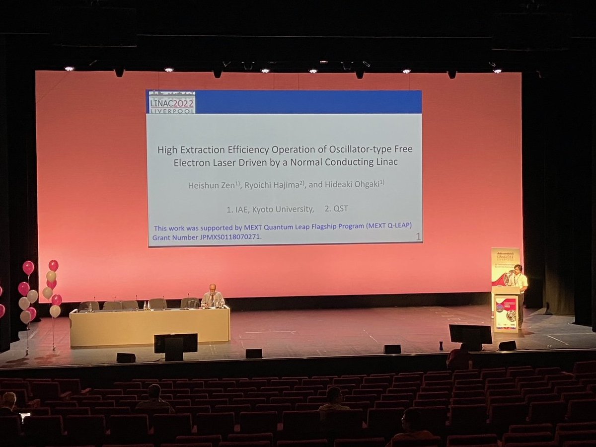 KUFEL54202476's tweet photo. H. Zen made an invited talk in #LINAC2022 on his achievement on high extraction efficiency operation of oscillator-type free electron laser driven by a normal conducting accelerator. https://t.co/DelzjSYXSQ