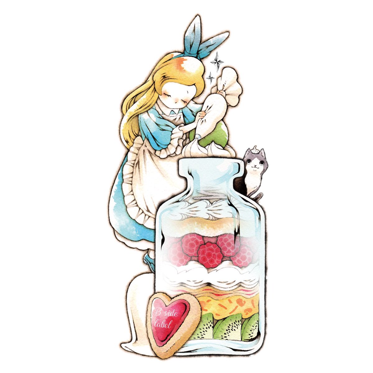 【B-SIDE LABEL】

食欲の秋の期間限定デザイン描かせていただいてます🧁

グラスケーキを自分の瓶を使ってつくるアリスの様子を観においでくださいね！

お求めはビーサイドレーベルさまにて🥝🍓🐈‍⬛

#bsidelabel 
#ビーサイドレーベル