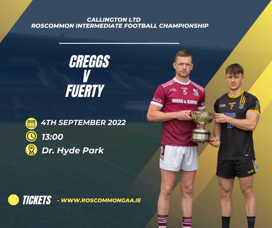 GaaCreggs's tweet photo. We take on @fuertygaa in Round 3 of the Callington Ltd Intermediate Football Championship this weekend.

Throw in is at 1pm at Dr. Hyde Park. 

❗️All matches are ‘All Ticket’.

Tickets can be purchased via the link below. 

👉 https://t.co/Q6ri6jlHI5

#RosGAA https://t.co/sgey2sm7rr
