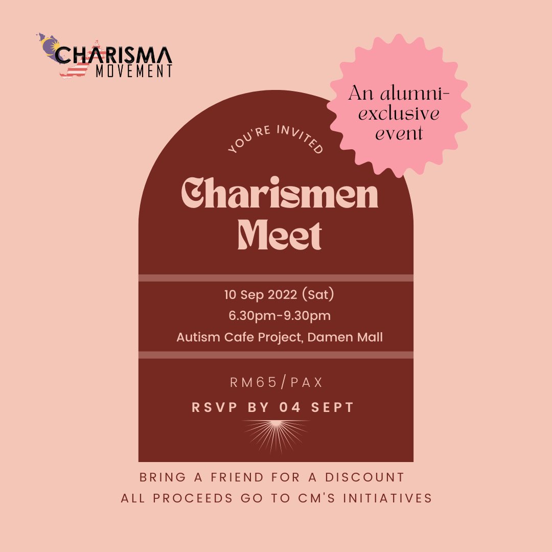 CharismaMVMT's tweet photo. It’s celebration time come on! Here’s a call for all our Charismen, past and present! Come join us for our alumni meet up!
We can’t wait to see everyone soon ❤️🥰
RSVP here: https://t.co/YTWgtWBXGA
#charismamovement #teamcharisma https://t.co/CAHLNyXeJ1