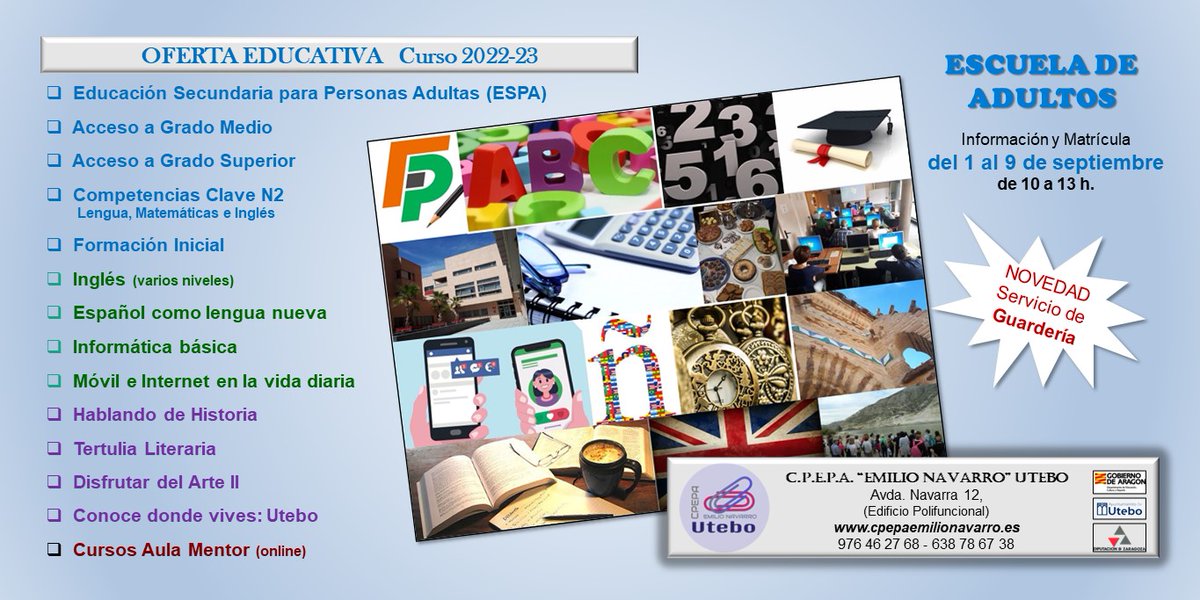 aulutebo's tweet photo. Comienza el curso 2022-23. Aquí está la #ofertaeducativa de la Escuela de Adultos de #Utebo
@AytoUtebo @YoUtebo @cpepautebo @EPAAragon https://t.co/DdwfYfxQFn
