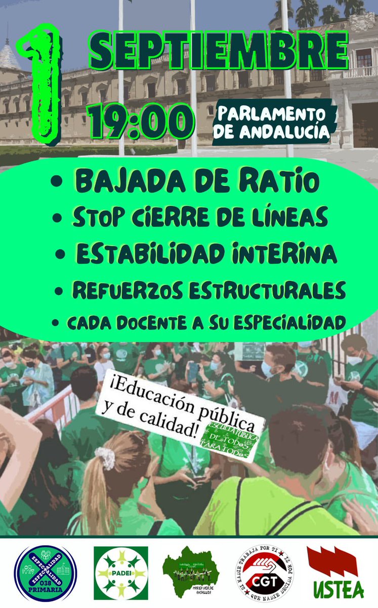 XPrimaria038's tweet photo. 📣LLEGO EL DÍA📣

📣DOCENTE LUCHANDO TAMBIÉN ESTÁ ENSEÑANDO📣

💚19h Parlamento Andaluz, calle San Juan de Ribera💚 https://t.co/QT8yKB5gsM