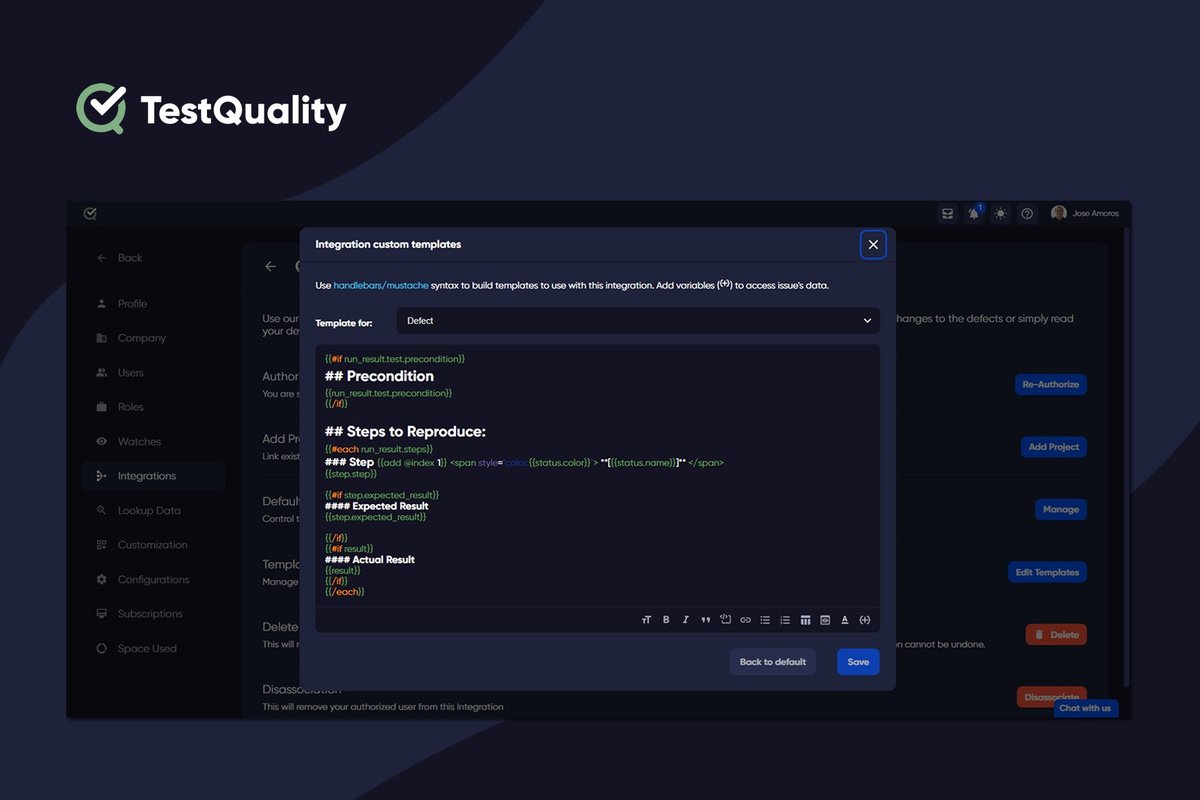 _TestQuality's tweet photo. π New in TestQuality!
β
Defects and Requirements in #GitHub or #Jira can now have your very own custom template!
We explain in our Blog the importance of #SoftwareDefectReporting π https://t.co/lX6LvK4VpT #SoftwareTesting #QA #Testing #TestManagement #TestQuality https://t.co/ZxAKn2nth5