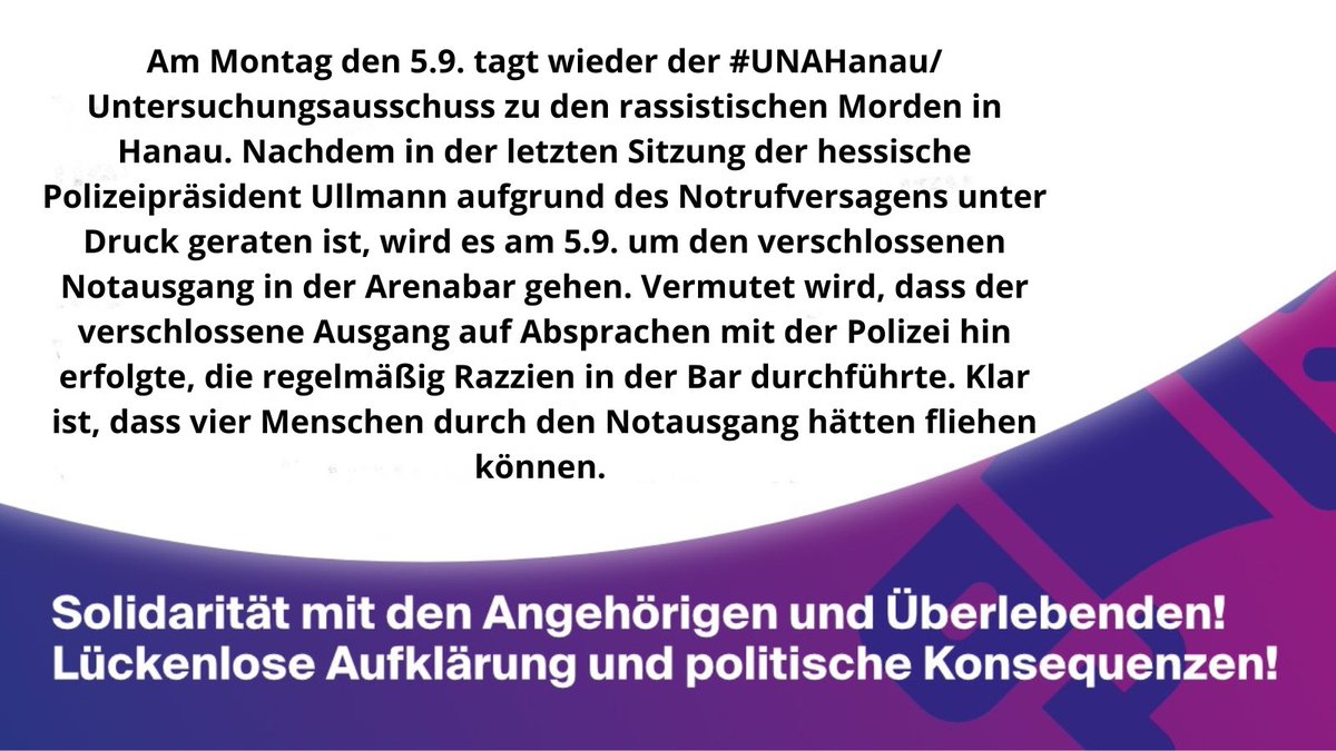 FstreikF's tweet photo. Nun gilt es den Druck auf die Abgeordneten zu erhöhen, um für die Aufklärung des massiven Versagens der Polizei am 19. Februar 2020 in Hanau zu sorgen. Kommt am 5.9. zur Mahnwache und Kundgebung auf dem Dernschen Gelände beim Landtag in Wiesbaden Von 13-15:30 Uhr!
 #unahanau https://t.co/8lZvCSlT2z