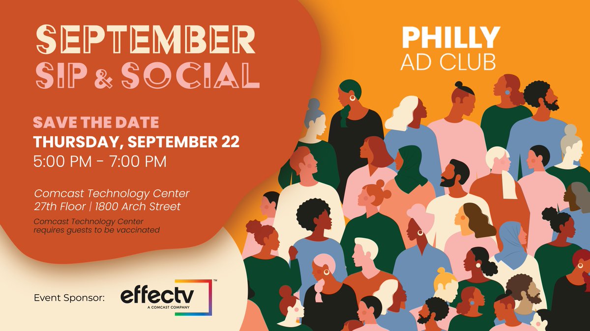 Philly Ad Club (@phillyadclub) on Twitter photo Let's get Social on Thurs. 9/22, 5-7p. Reconnect with business associates, friends and colleagues, enjoy 2 free drinks and appetizers. Thank you to <a href="/OUTFRONTMEDIAUS/">OUTFRONT Media</a> for their sponsorship support!
Register today to get your early bird discount price! ow.ly/HFlu50Kr51T Let's get Social on Thurs. 9/22, 5-7p. Reconnect with business associates, friends and colleagues, enjoy 2 free drinks and appetizers. Thank you to <a href="/OUTFRONTMEDIAUS/">OUTFRONT Media</a> for their sponsorship support!
Register today to get your early bird discount price! ow.ly/HFlu50Kr51T