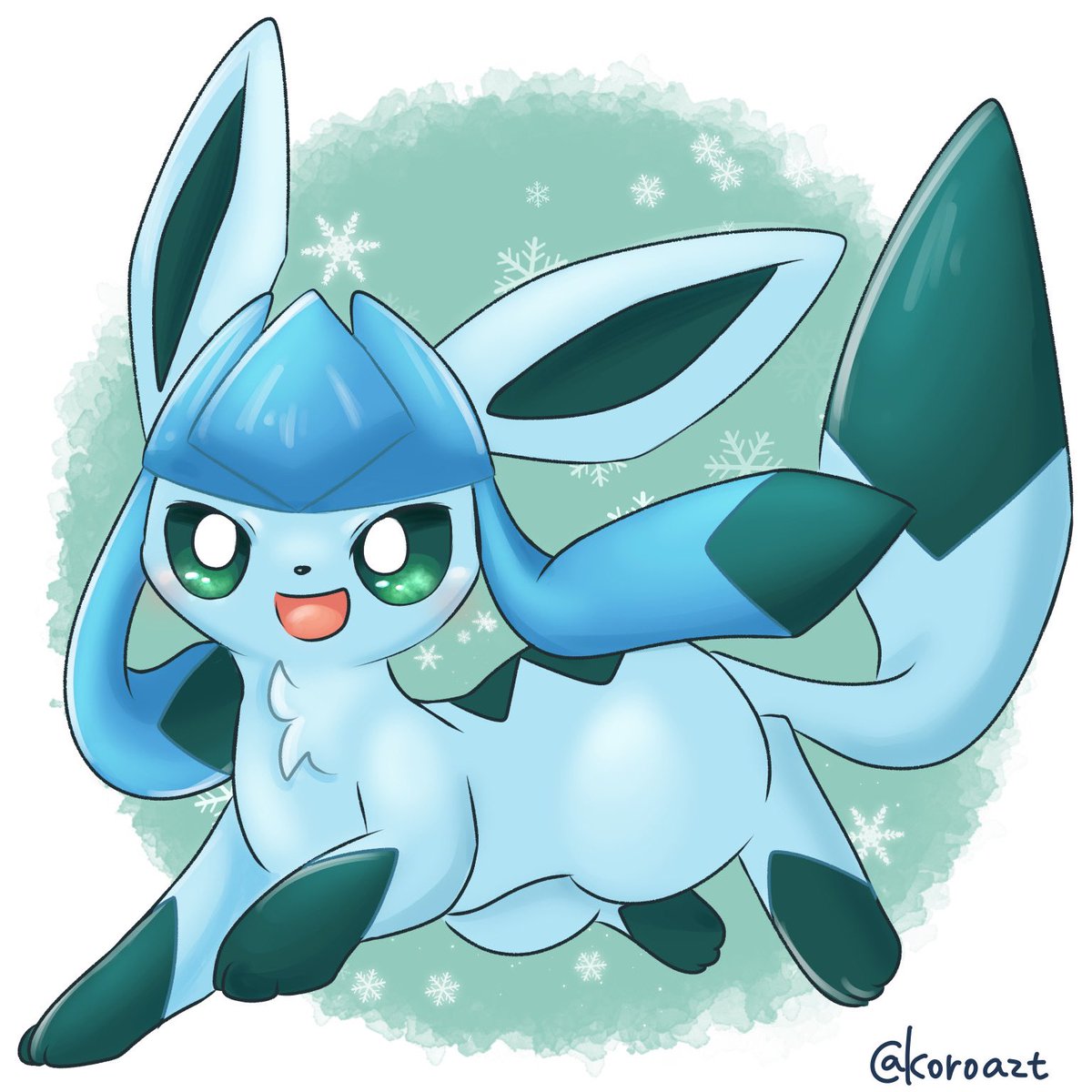 glaceon pokemon (creature) no humans open mouth smile solo green eyes full body  illustration images