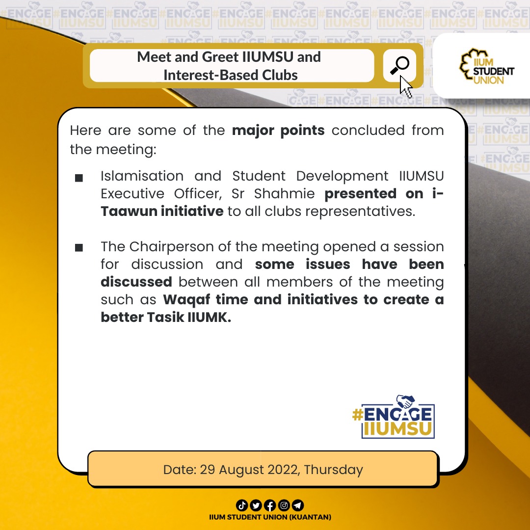 iiumsukuantan's tweet photo. 𝐌𝐄𝐄𝐓 𝐀𝐍𝐃 𝐆𝐑𝐄𝐄𝐓 𝐈𝐈𝐔𝐌𝐒𝐔 𝐀𝐍𝐃 𝐈𝐍𝐓𝐄𝐑𝐄𝐒𝐓-𝐁𝐀𝐒𝐄𝐃 𝐂𝐋𝐔𝐁𝐒

Assalamualaikum w.b.t. to IIUM community.

We would like to inform you that The Executive Officers of lIUMSU Kuantan hosted a meet-and-greet session with all interest-based clubs such as – https://t.co/0Jxa1QAcW6