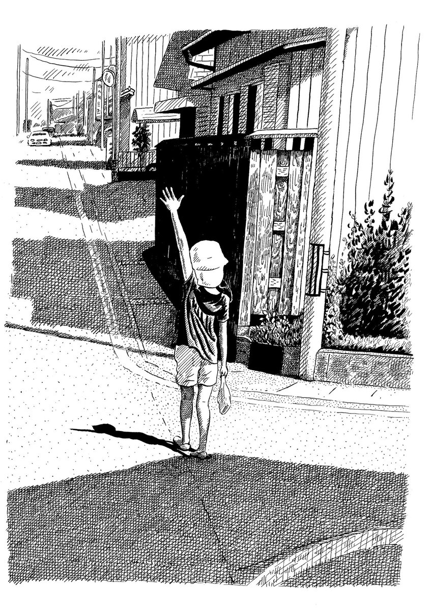 9月になったので、せっかくなので去年9月の娘と息子を描いた絵。まっすぐ手を上げて道路を横断する娘、ホットドッグを食べる息子。 
