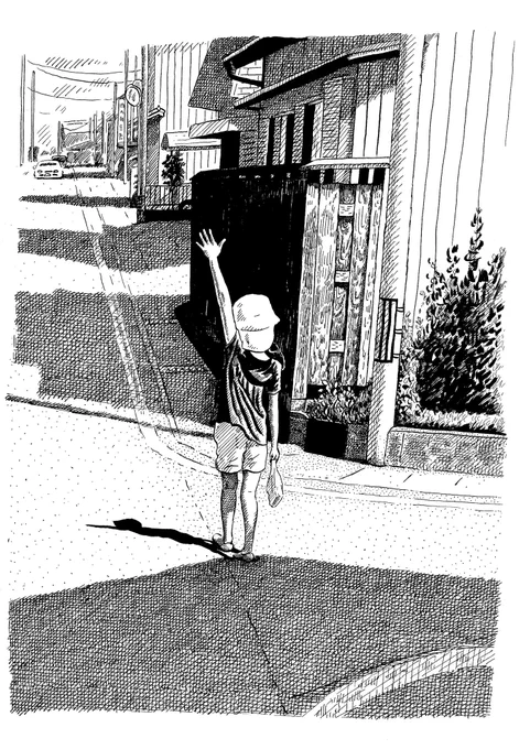 9月になったので、せっかくなので去年9月の娘と息子を描いた絵。まっすぐ手を上げて道路を横断する娘、ホットドッグを食べる息子。 