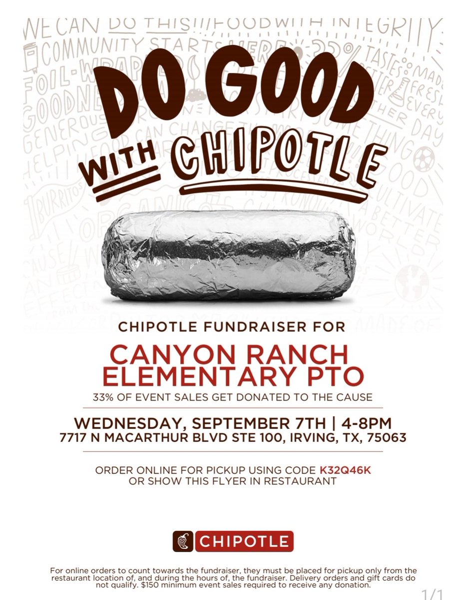 Hey Coyote Families we would ❤️ your support when you eat <a href="/ChipotleTweets/">Chipotle</a> 🌯🌮in 9/7! Mention CRE PTO at check out! NO to cooking, YES to Doing Good! #Chipotle #CRECoyotes #spiritnight