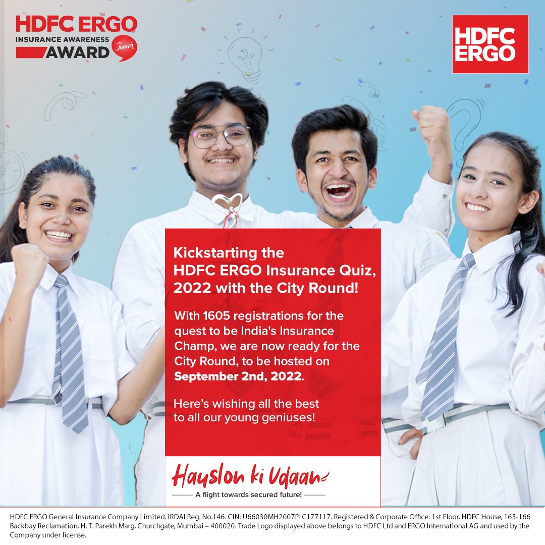 HDFCERGOGIC's tweet photo. The City Rounds for the 7th edition of the HDFC ERGO's Insurance Quiz start tomorrow!

We wish luck to all the participants! Stay tuned for the results!

#InsuranceQuiz #HDFCERGO #HauslonKiUdaan #TowardsSecuredFuture https://t.co/rFtYhdyEIl