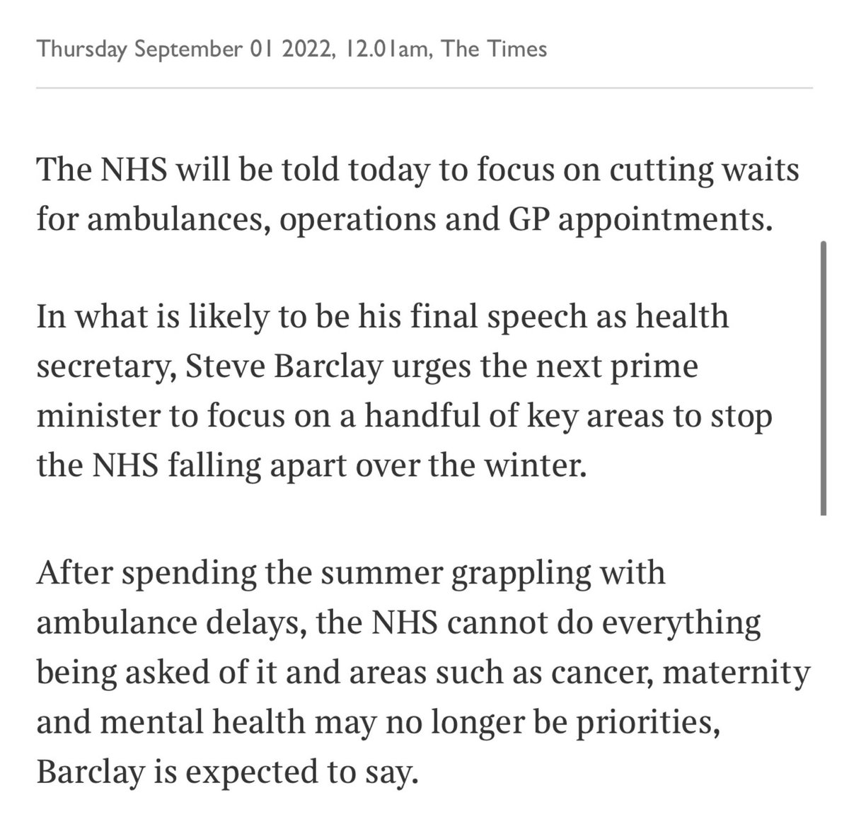 Disheartening to read that “mental health may no longer be [a] priorit[y]” for the NHS under this health secretary, in today’s @thetimes. Not a very joined-up view of patient care, waits or ambulance delays? #parityofesteem #nohealthwithoutmentalhealth