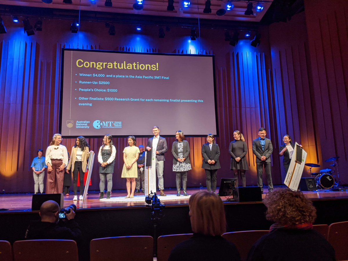 jenhung97's tweet photo. So so honoured to win the @ourANU #ANU3MT final! Thank you to @thesiswhisperer @JulesieJet and the rest of the @ANUresearcher team for your coaching and support. And thank you to @annie_evans_11 and the judges @cosmicpinot @joshchutan @MartinAnne139 @c_s_wallace and Ray Mardia! https://t.co/jPT6dVzjLF
