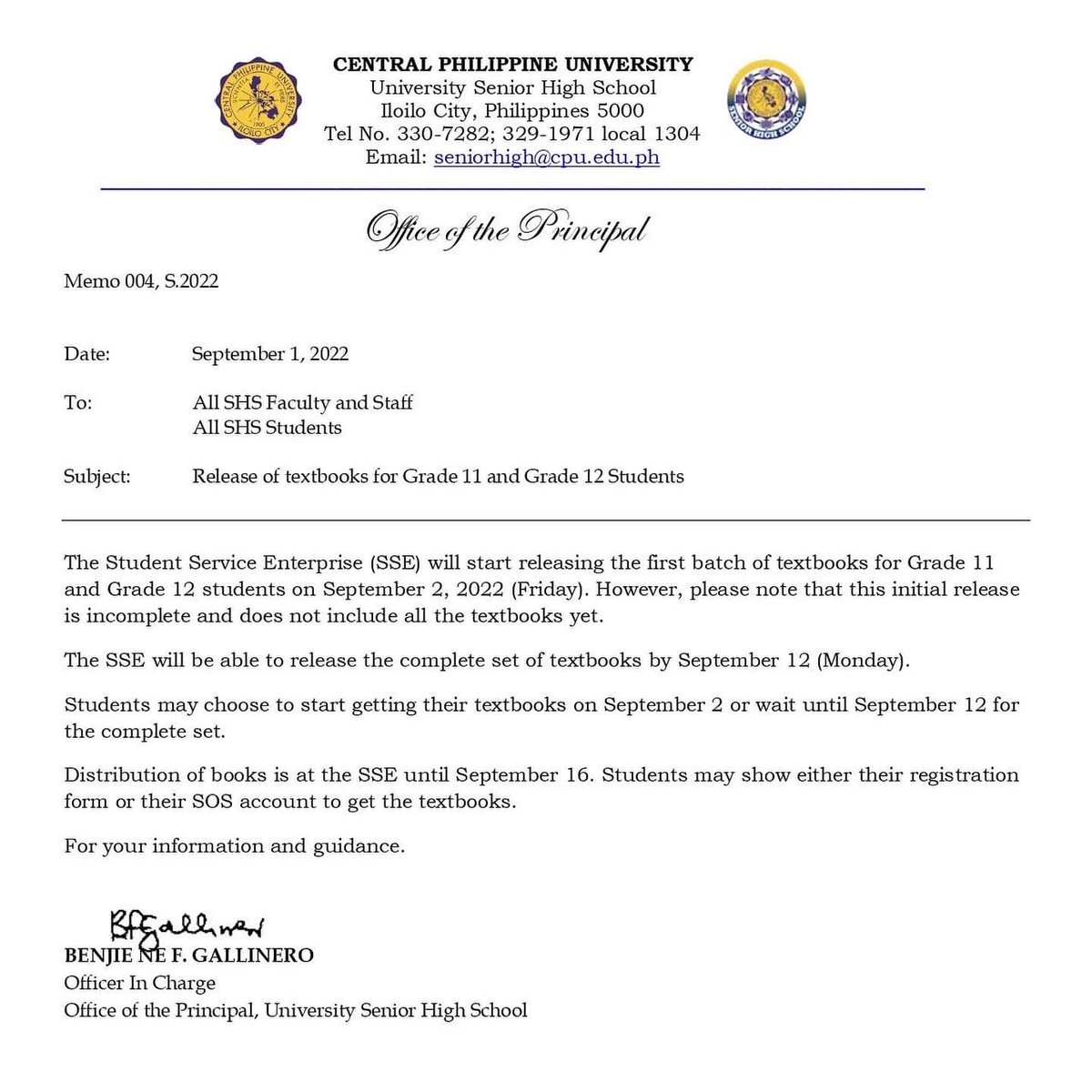 cpushs_sc's tweet photo. 🔔 ATTENTION STEELHAWKS

The Student Service Enterprise (SSE) will start releasing the first batch of textbooks for Grade 11 and Grade 12 students on September 2, 2022 (Friday). 

For your information and guidance

#SHSCPUCentralianGuide
#7ustrousSTLHWKS
#Liwanag7awin https://t.co/4u5xC5WQx3