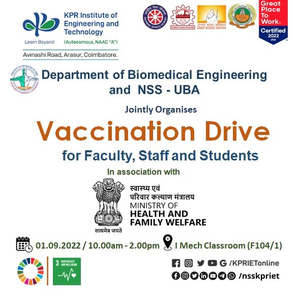 nsskpriet's tweet photo. Team NSS-UBA and staff club of KPR Institute of Engineering and Technology is conducted a vaccination camp for faculty,  staff and students at  the college campus on 01.09.2022 in association with Ministry.
@_nssindia @nss_chennai @lifeatkpr 

#nss #nss2022 #kprietprincipal https://t.co/ydIuohtXj7