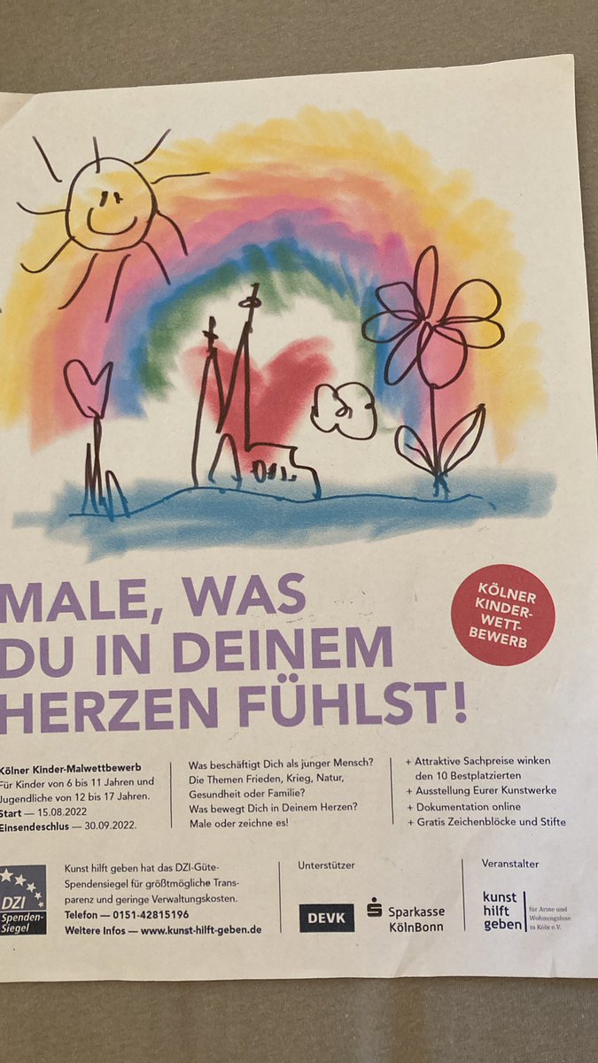 Male, was Du in D indem Herzen fühlst: Kölner Malwettbewerb für Kinder von 6-11 und Jugendliche von 12 bis 17. Attraktive Preise + Ausstellung &amp; Gratisblöcke &amp; Buntstifte kunst-hilft-geben.de