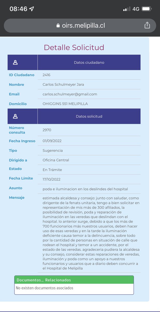 Estimada alcaldesa @lorealcaldesa de la <a href="/munimelipilla/">Municipalidad de Melipilla</a>, pido con respeto a usted y consejo, puedan apoyar nuestra solicitud de reparación de iluminación, poda u otros en las veredas con que deslinda el <a href="/hosp_melipilla/">Hospital de Melipilla</a>, por la seguridad de usuarios y funcionarios. Agradecidos.