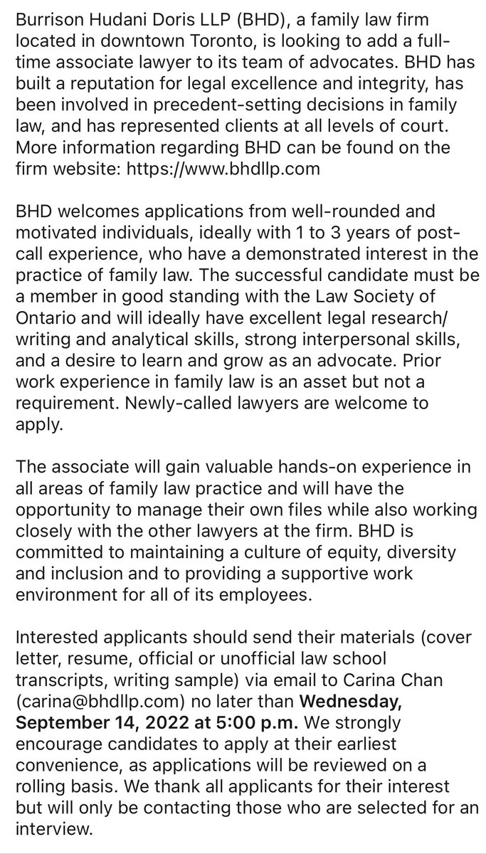 We are #hiring! We are looking to add a full-time Family Law Associate to our team at BHD, based in #Toronto. 

Applicants will ideally have 1-3 years of post-call experience but we are open to newly-called lawyers with a strong interest in #familylaw. 

#lawtwitter <a href="/LawJobsCAN/">Law Jobs in Canada</a>