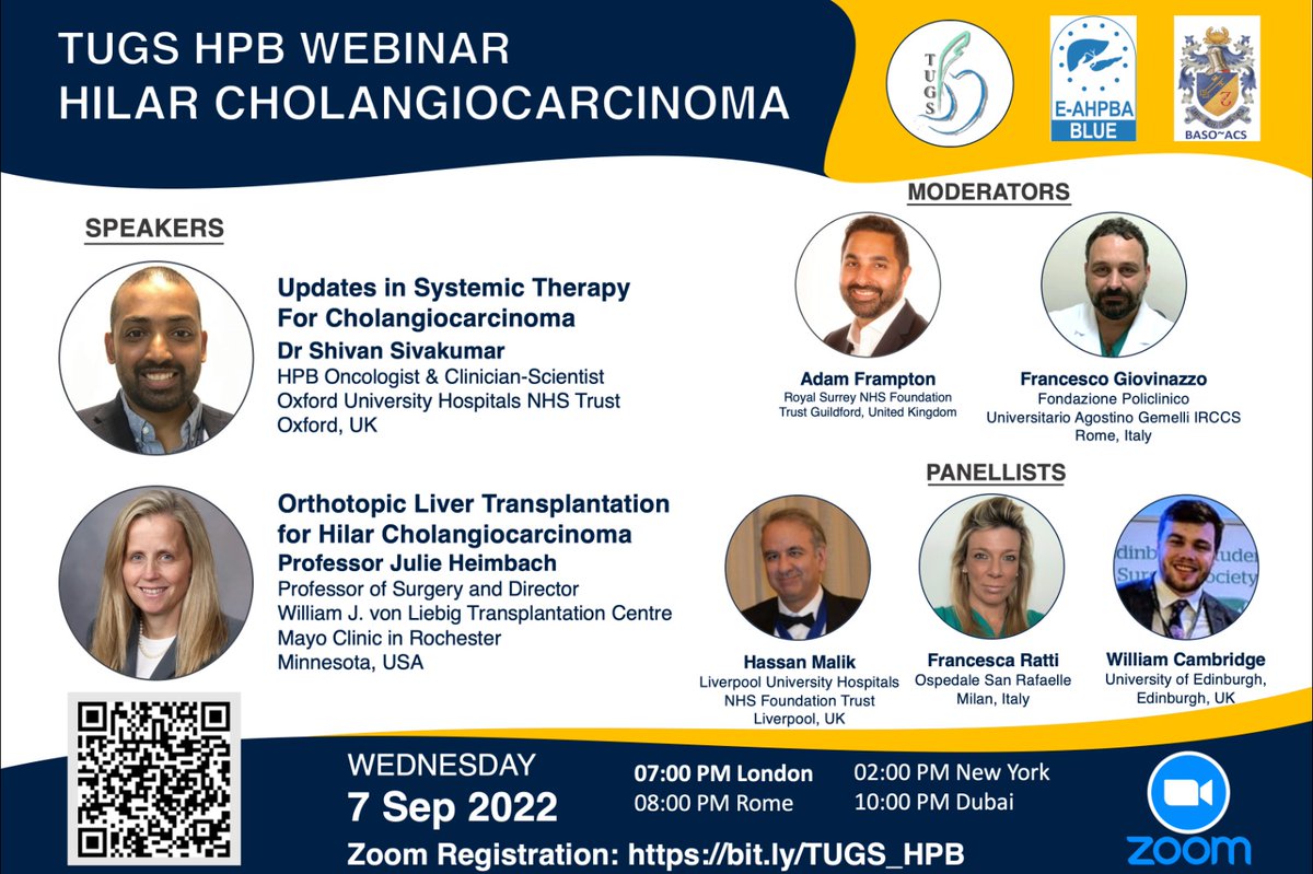 EAHPBA's tweet photo. E-AHPBA are pleased to endorse the TUGS HPB monthly webinars – 
-Wed 7th September
-Hilar Cholangiocarcinoma
-Free of charge

https://t.co/IR5vslVP1K

@ShivanSivakumar @JulieHeimbach @FrancescaRatti3 Mr Hassan Malik @William_ArnoldC @Adam_Frampton1 and Dr Francesco Giovinazzi https://t.co/NCJf0fnO4Z