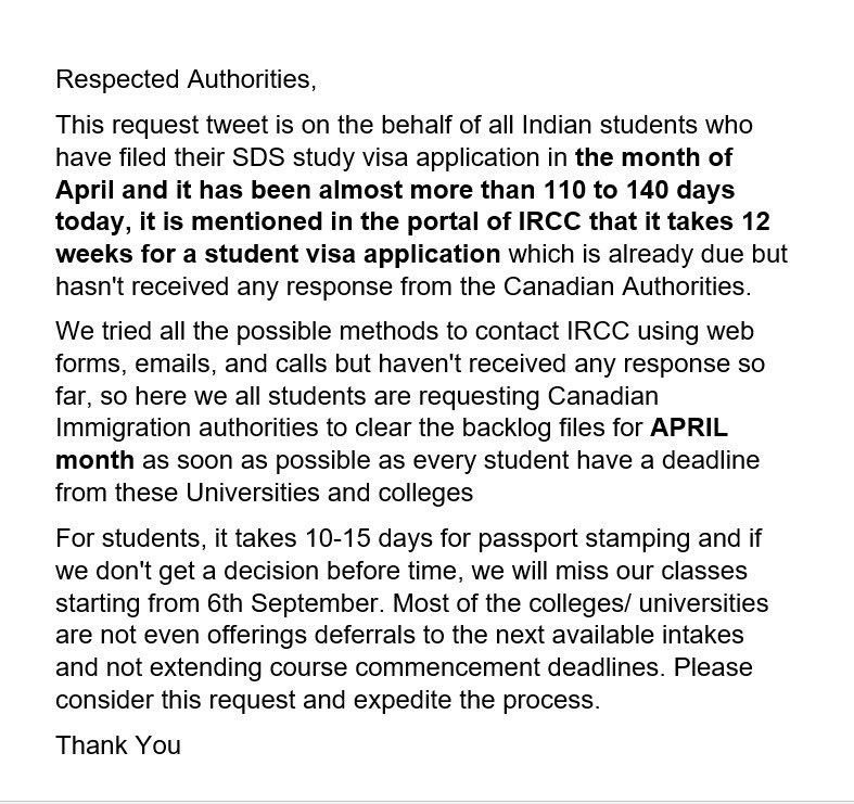 Greeshm55431011's tweet photo. This is a request to IRCC @CitImmCanada to process APRIL  SDS category files on priority basis as students are on hold for Sept intake &amp; Our classes are commencing from September 6.
#ClearApril2022Files
#IRCC
#studentvisacanada
@CanadainIndia 
@SeanFraserMP 
@JustinTrudeau https://t.co/1ZwQYZTCuv
