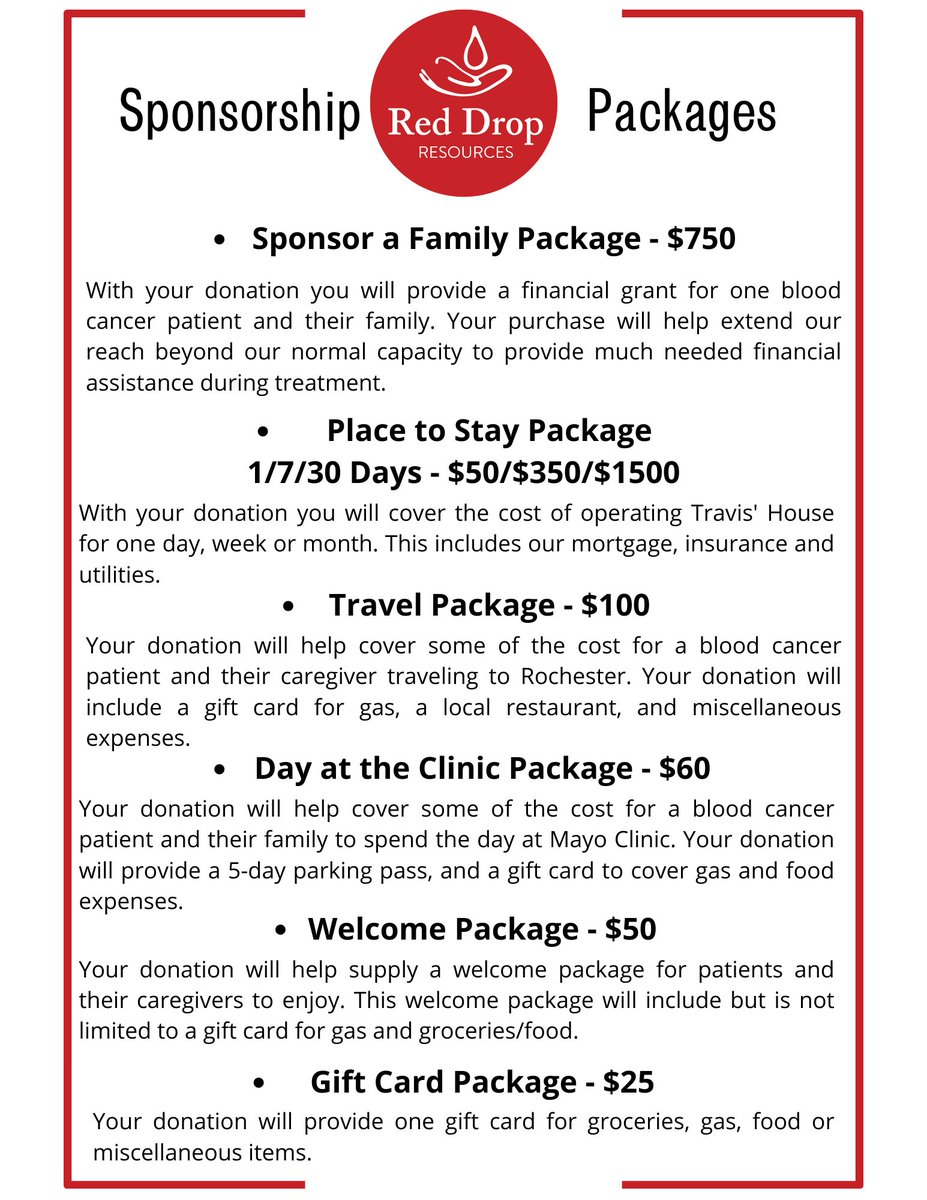 RedDropMN's tweet image. September is Blood Cancer Awareness Month! Check out our new Sponsorship Packages. Each package is specifically designed to meet the greatest needs of the blood cancer patients we serve. #BeAResource #bloodcancerawarenessmonth