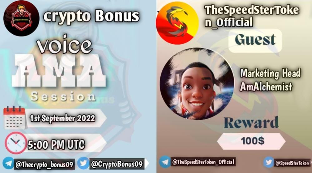 CryptoBonus09's tweet photo. 📢 We're thrilled to announce our next #Voice with @SpeedSterToken on 1st September, 5:00PM UTC

Voice AMA

Reward Pool: 100$ 

📍 Venue: https://t.co/aED8mUZ9Rp…

〽️ Rules:

✅ Follow @CryptoBonus09 &amp; @SpeedSterToken
✅ Like Retweet &amp; Comment Your (5 Question Max) Tag 3 friends https://t.co/h4e9yjPhfO