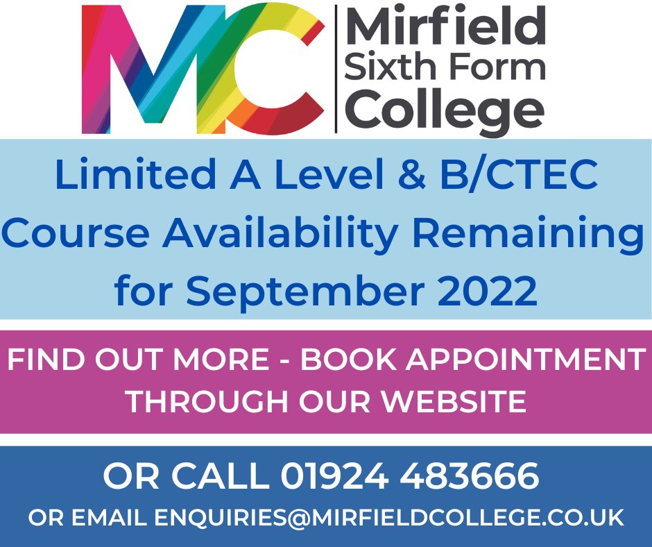 MirfieldCollege's tweet photo. We have very limited spaces left on only a handful of courses, book your enrolment meeting at https://t.co/IV5eZy0taC to discuss your options https://t.co/RpMmEVBDFZ