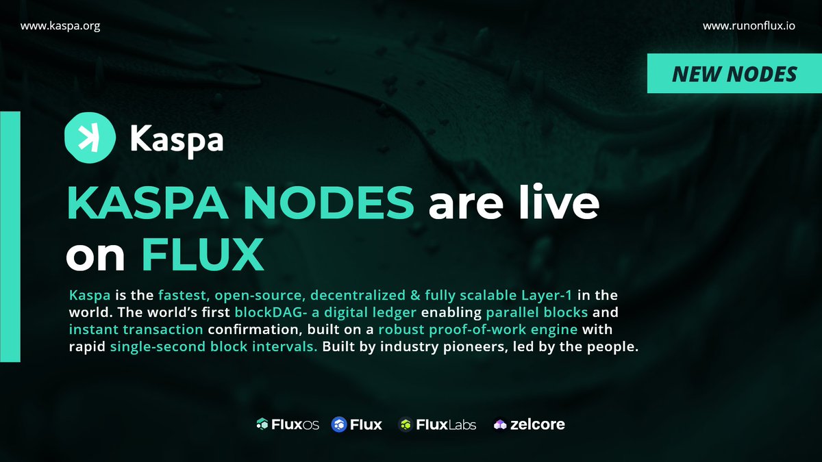 RunOnFlux's tweet photo. 📢 #Kaspa nodes have been deployed on #Flux

@KaspaCurrency and Flux share the same ethos and we are pleased to support them with decentralized #Web3 infrastructure!

Learn more about them: 
🔗 https://t.co/XBhhBreQKb

$KAS $FLUX #cryptocurrency https://t.co/axF1VmtQfO
