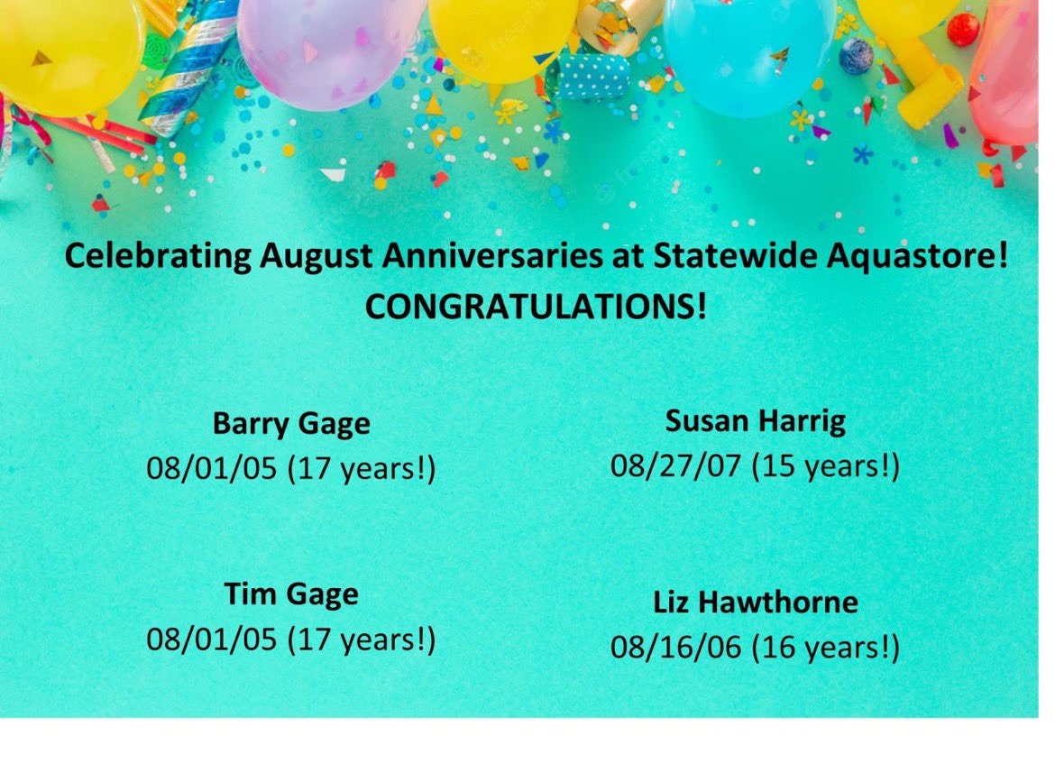 StatewideAqua's tweet photo. August was quite the month for anniversaries at Statewide Aquastore! Congrats and thank you Barry, Sue, Tim, and Liz- We're lucky to have you! 

#StatewideAquastore #workanniversarycelebration https://t.co/FAYAQ9W99r