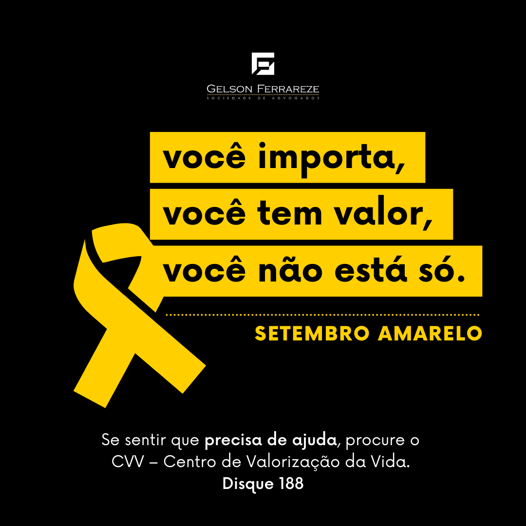 gfsaadv's tweet photo. O Setembro Amarelo é um mês voltado para a prevenção de casos de suicídio.
Lembre-se, você não está sozinho(a). 💛
Se sentir que precisa de ajuda, procure o
CVV – Centro de Valorização da Vida.
Disque 188
#combateaosuicidio #setembroamarelo #disque188 #valorizeavida https://t.co/PBy0cQf8Cf