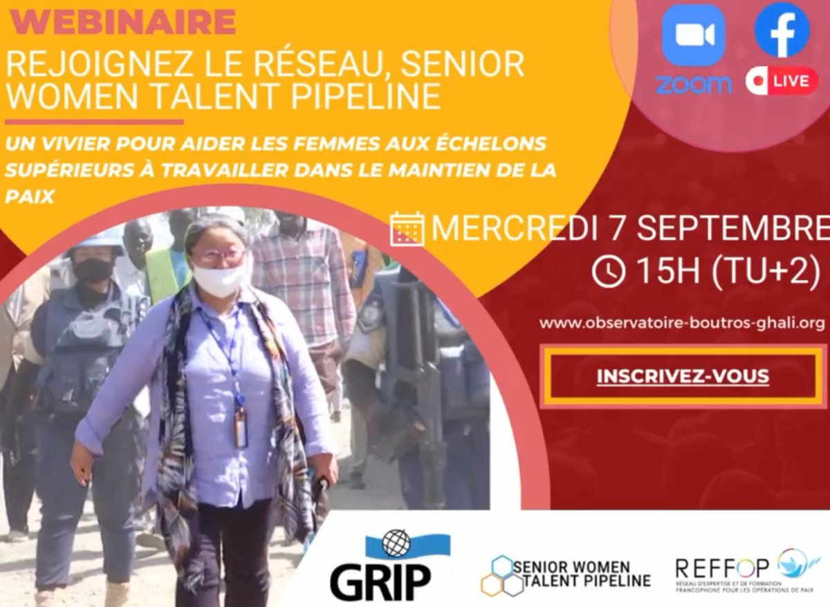 OIFrancophonie's tweet photo. 📆 7 septembre - 15 h (UTC+2) - webinaire
Découvrez le Réseau @UN_SWTP (Senior Women Talent Pipeline) qui aide les femmes à accéder à des postes de niveau supérieur au sein du personnel des missions de paix de l’ONU.
> Inscriptions : https://t.co/4ehmnpcLhz
@grip_org @REFFOP https://t.co/1cmpk3ojZK