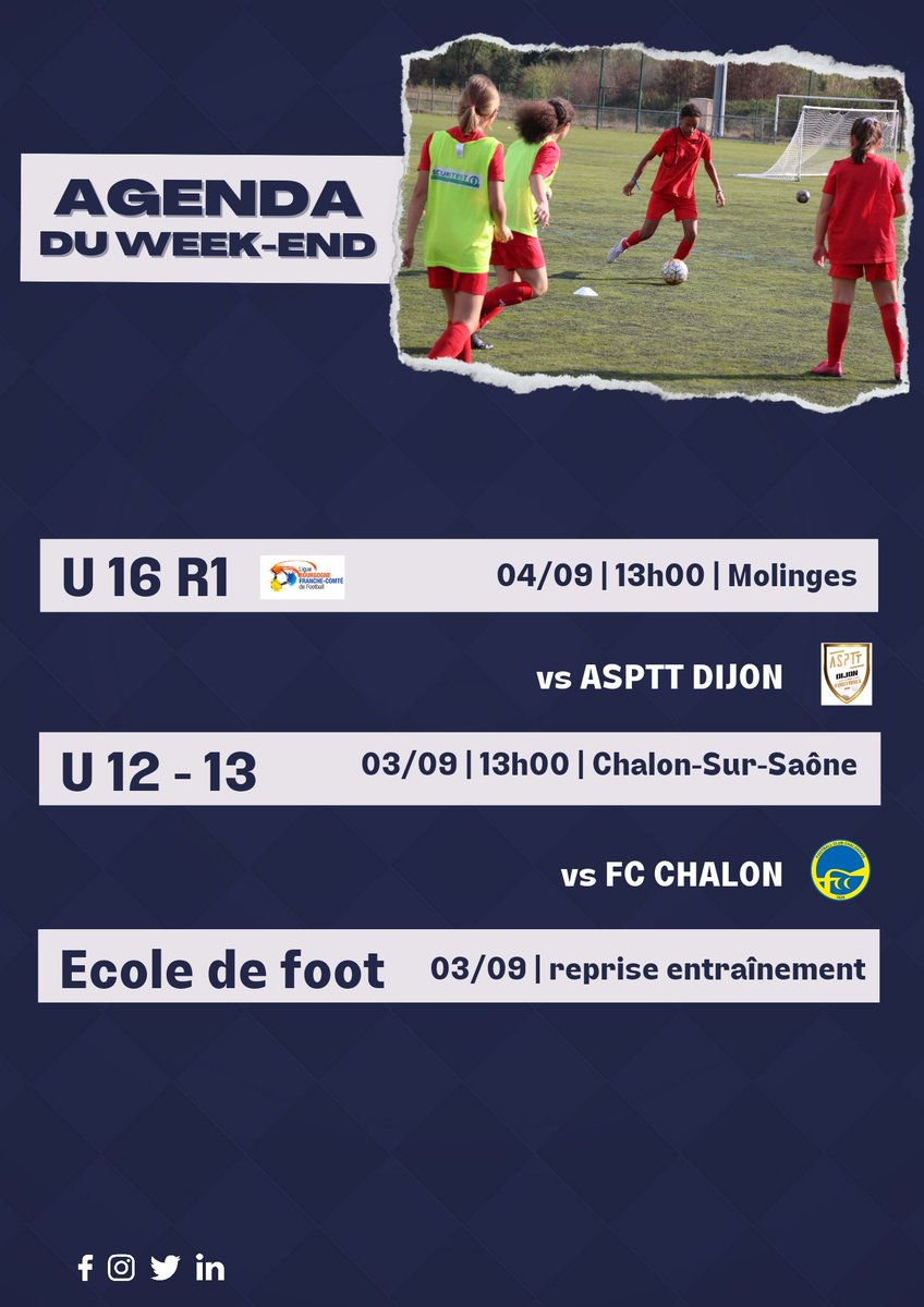 JuraSudFoot's tweet photo. [Agenda JSF] 🔵⚪️

Agenda du Week-end du 03 et 04 septembre de nos équipes jeunes et séniors.

#jsffamily https://t.co/eHwIWgFSu9