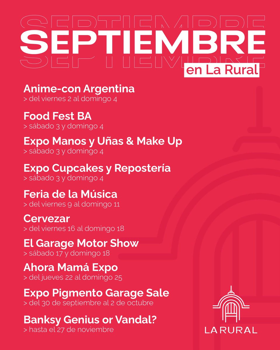 LaRural_BsAs's tweet photo. Se viene la época más linda del año, vení a disfrutarla a #LaRural. ¡Chequeá nuestra AGENDA de #septiembre! 
+ info 👇🏻https://t.co/qpFG1n3kvb

#BuenosAires #Primavera #Feriasyexposiciones https://t.co/GKEfzlIzOZ