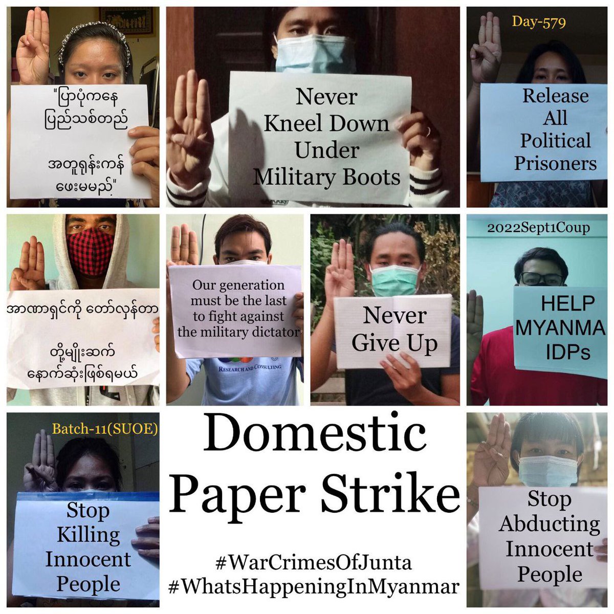 katycho22222's tweet photo. 9 CDMer teachers, BEd (Batch-11), from Sagaing University of Education staged an anti-coup revolutionary domestic strike as 570th day without a day off.  #2022Sept1Coup #WarCrimesOfJunta #WhatsHappeningInMyanmar https://t.co/KVAR4UyQua